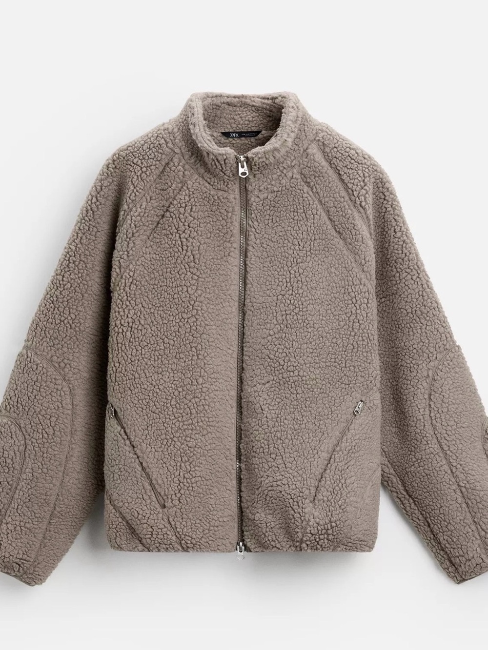 ZARA Men's Sherpa Teddy Fleece Full-Zip Jacket Taupe Beige Size XL